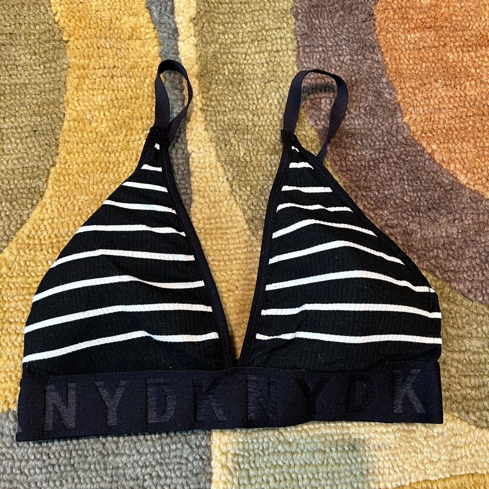 DKNY Black and White Stripe Logo Band Seamless Rib Bralette Wireless Bra Small